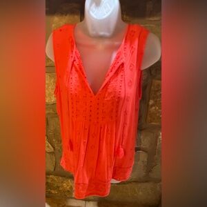 Gap Blouse Women Small Gauzy Summer Coral Red Eyelet Sleeveless Low Cut V-Neck